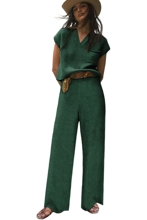 Knitted V Neck Sweater and Casual Pants Set